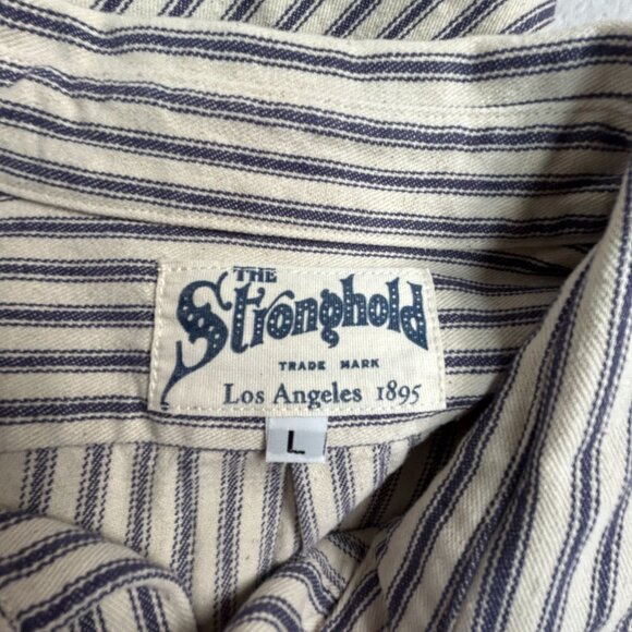 The Stronghold Mens Striped Button-Up Shirt Large Long Sleeve Blue white Pockets - Picture 3 of 7
